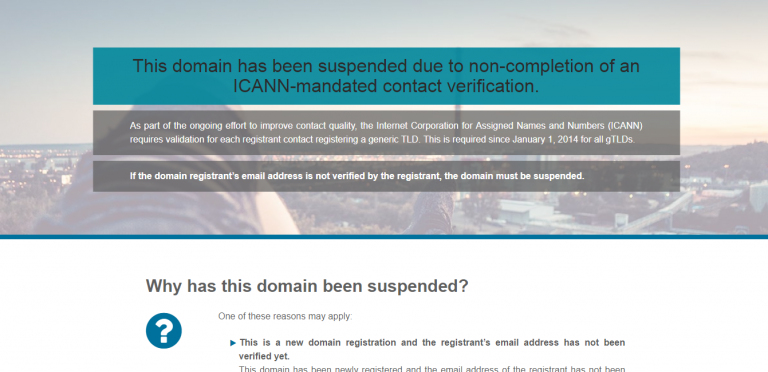 This domain has been suspended due to non-completion of an ICANN-mandated contact verification